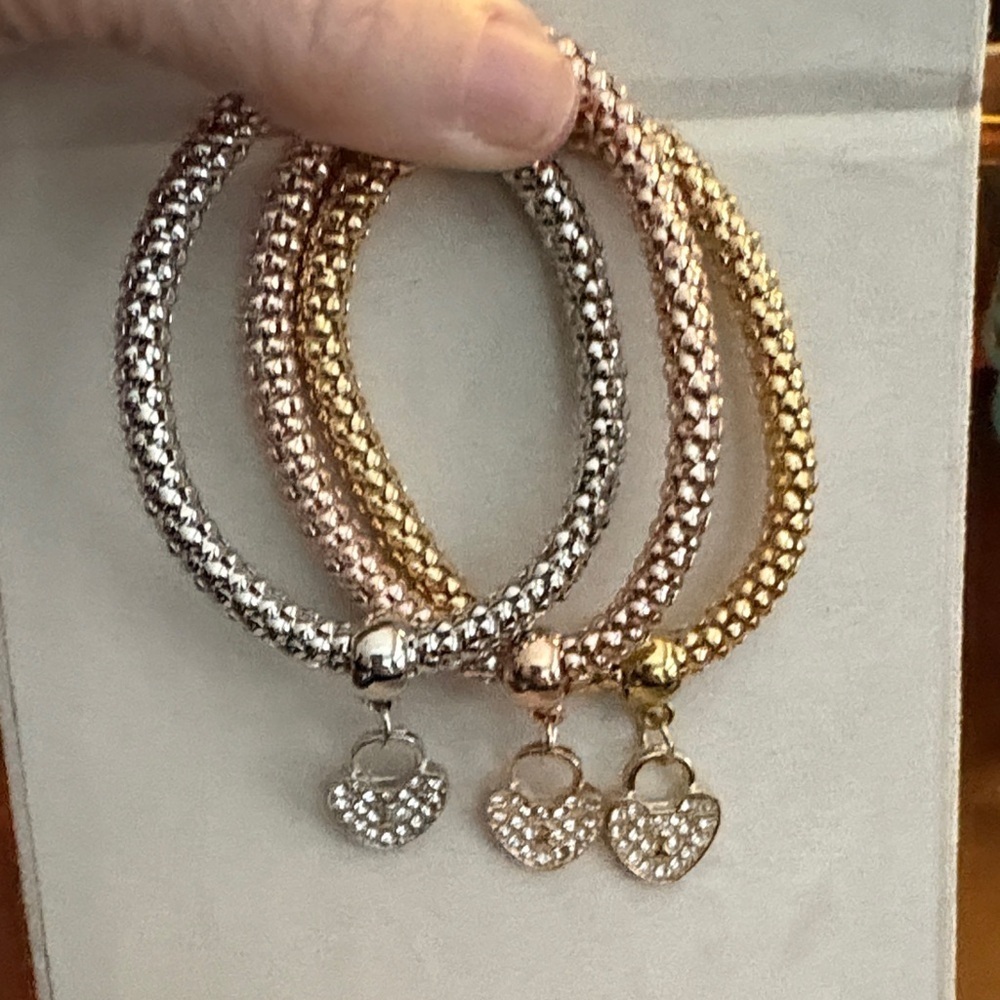 Elegant Gold, Silver, and Rose Gold Heart Charm Bracelets